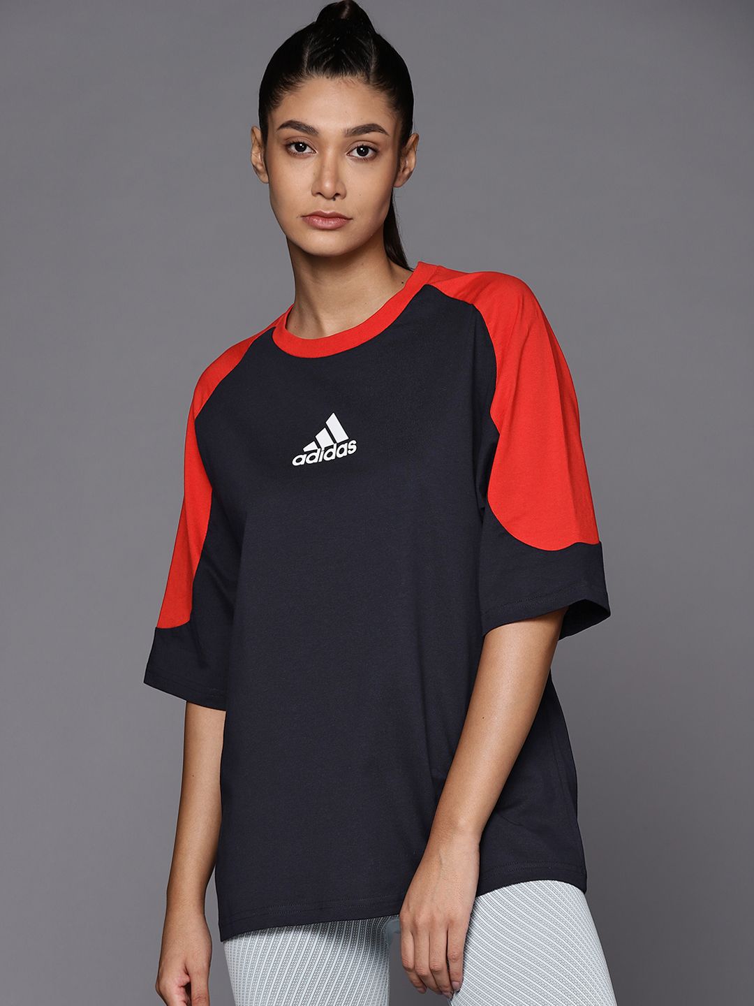 ADIDAS Women Navy Blue W CB T Brand Logo Printed Oversized Fit Pure Cotton T-shirt Price in India