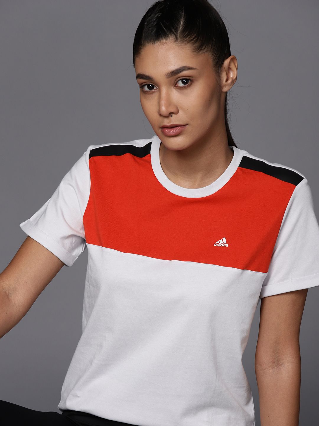 ADIDAS Women Red & Grey CS W Colourblocked Pure Cotton T-shirt Price in India