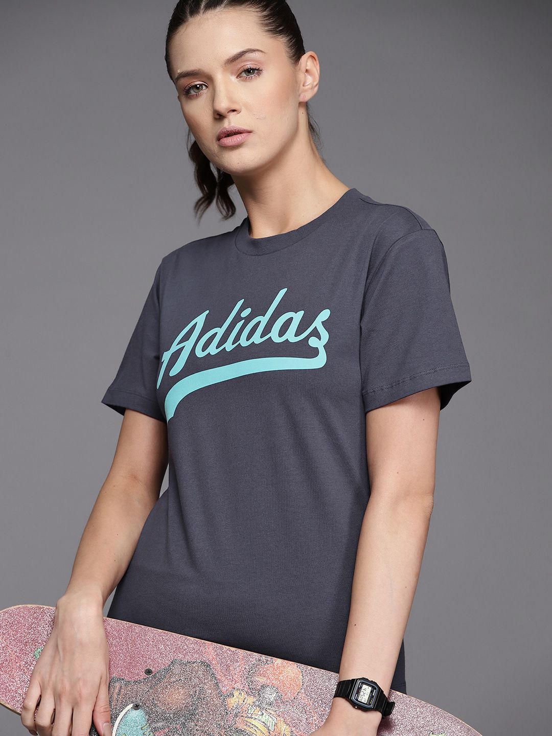 ADIDAS Originals Women Navy Blue Regular Printed Pure Cotton Modern B-Ball T-shirt Price in India