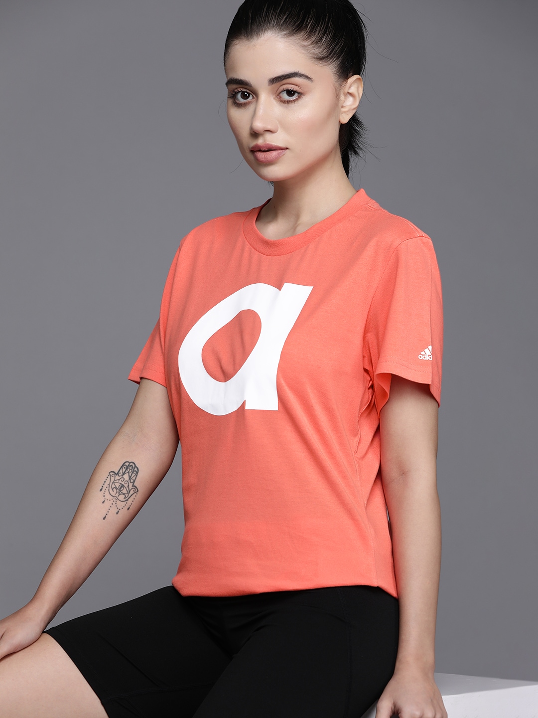 ADIDAS Women Coral & White Typography Printed Pure Cotton T-shirt Price in India