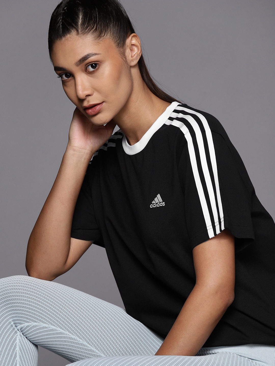 ADIDAS Women Black W 3S BF T Pure Cotton Solid T-shirt Price in India