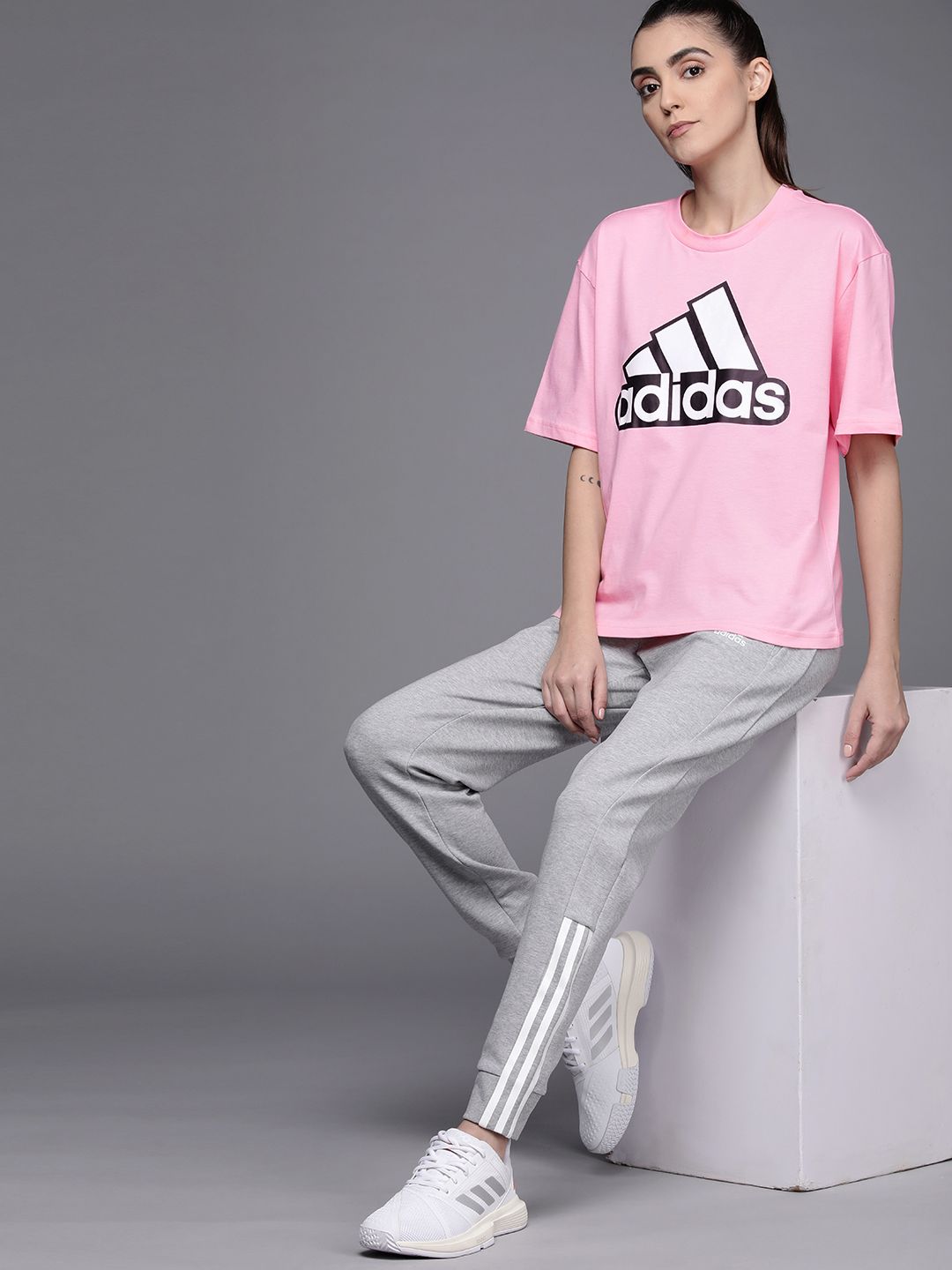 ADIDAS Women Pink & White Brand Logo Printed Pure Cotton Loose T-shirt Price in India