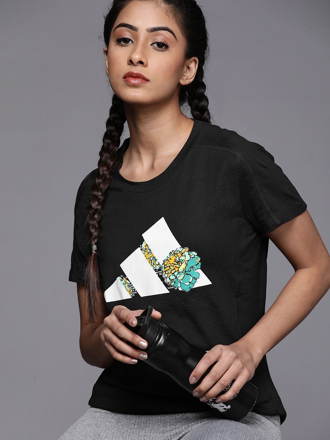 ADIDAS Women Black Brand Logo Print Running T-Shirt Price in India