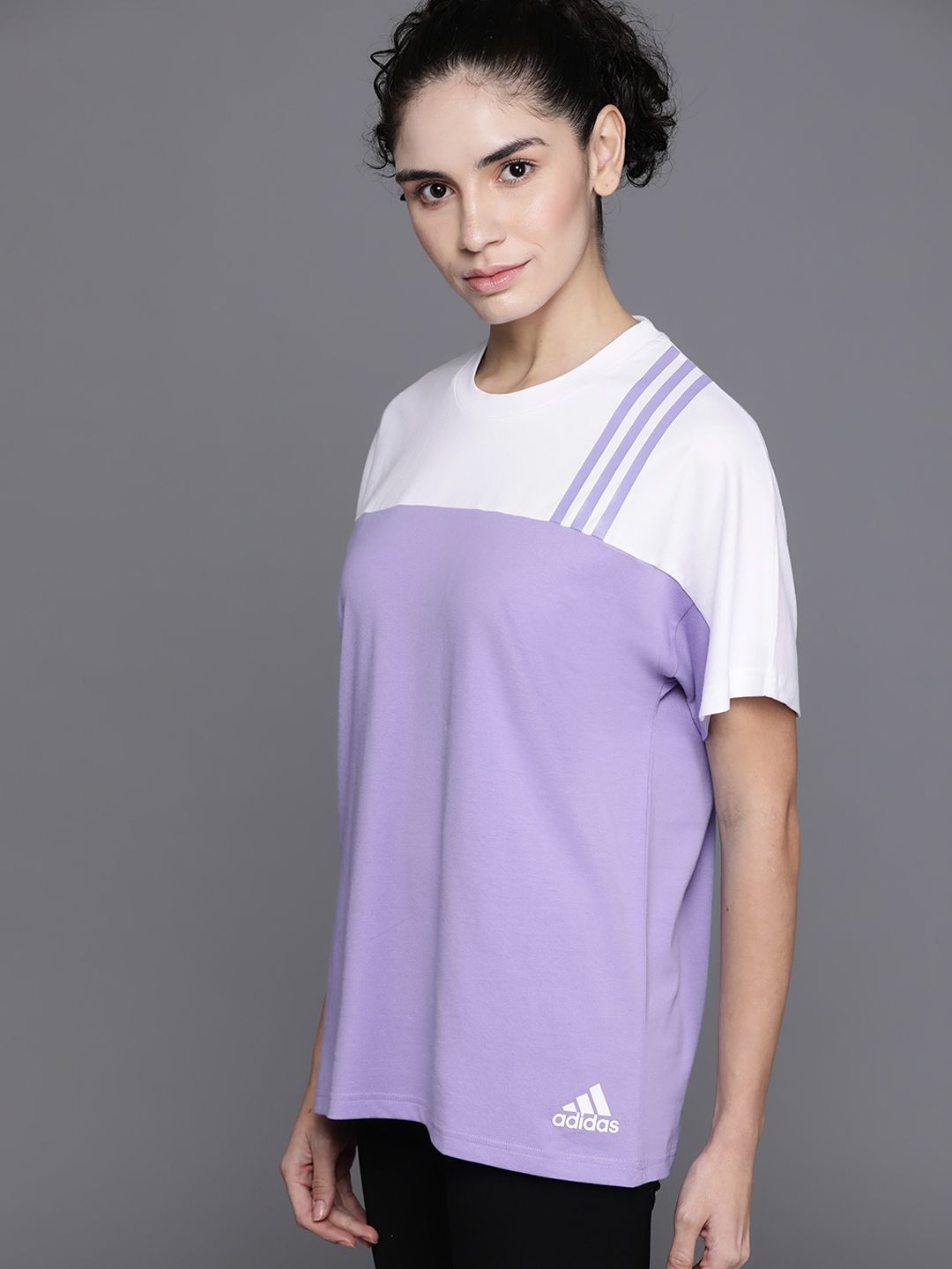 ADIDAS Women Lavender & White Colourblocked Pure Cotton T-shirt Price in India