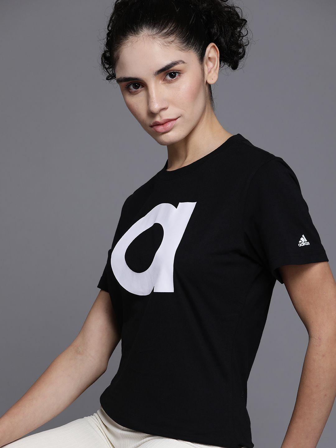 ADIDAS Women Black & White Typography Printed Pure Cotton T-shirt Price in India