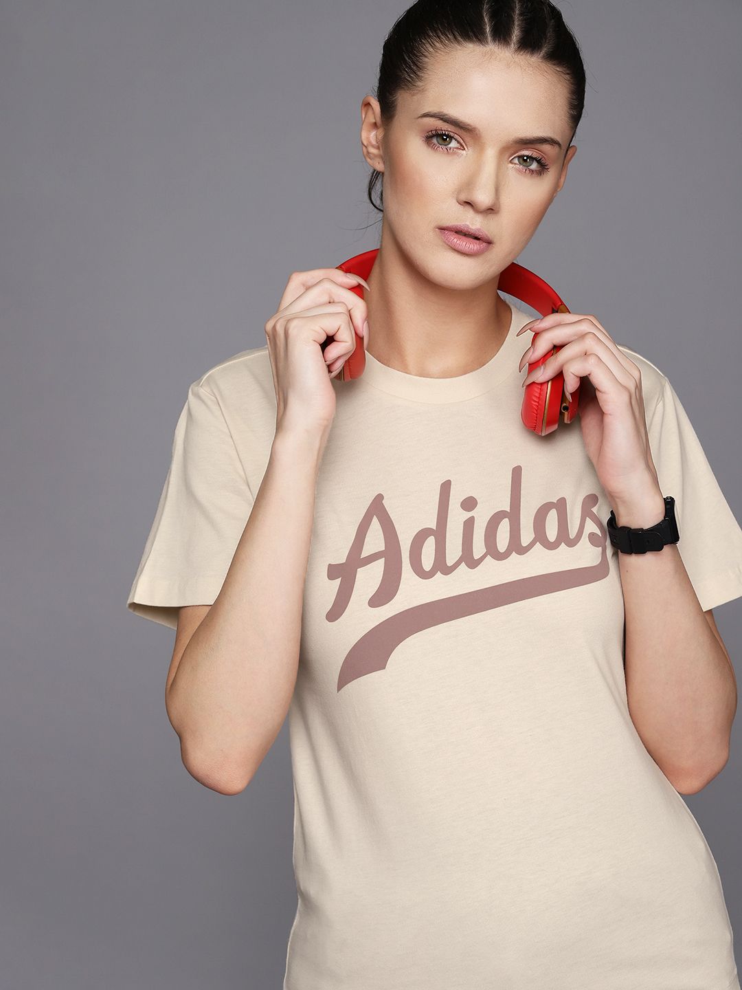 ADIDAS Originals Women Off White & Mauve Printed Pure Cotton Modern B-Ball T-shirt Price in India