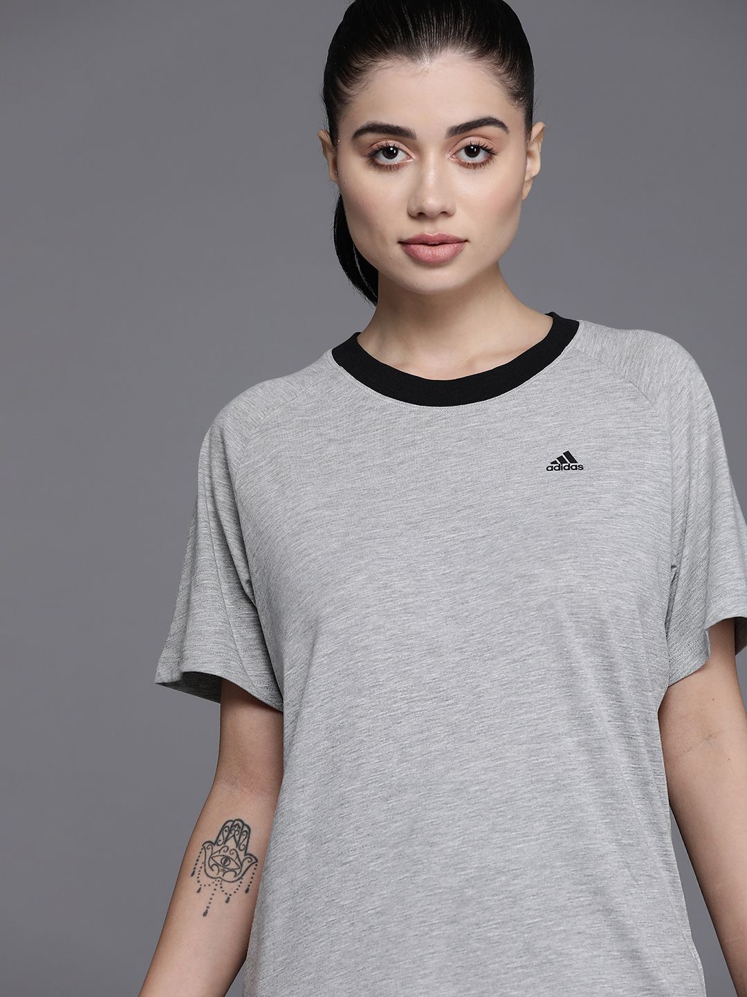 ADIDAS Women Grey Melange T-shirt Price in India