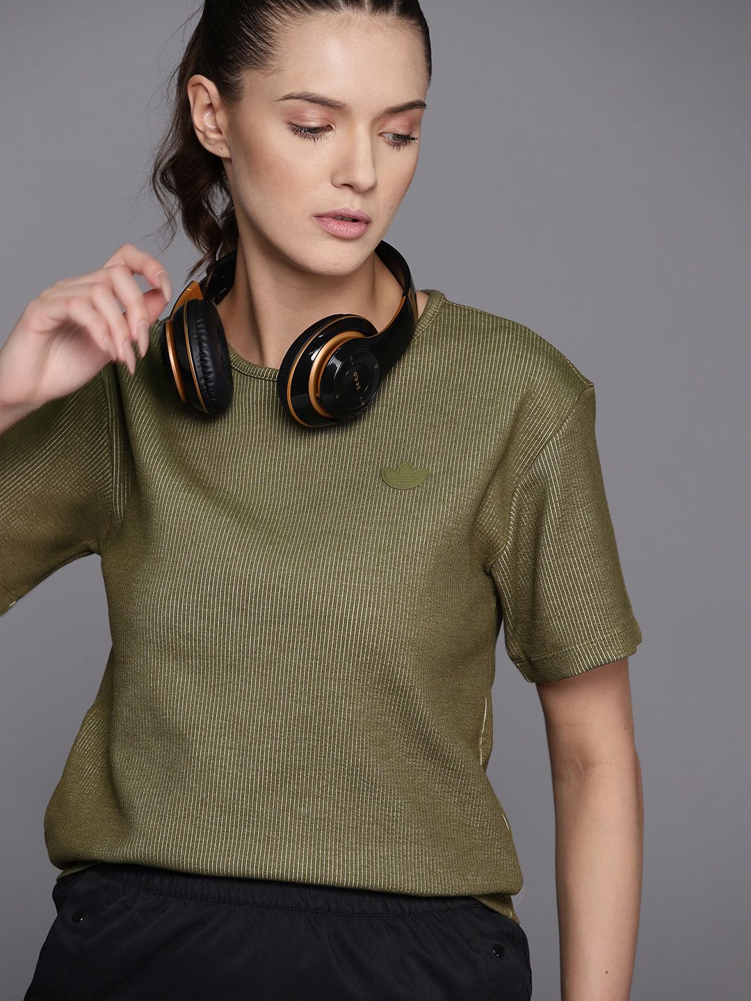 ADIDAS Originals Women Olive Green Solid T-shirt Price in India