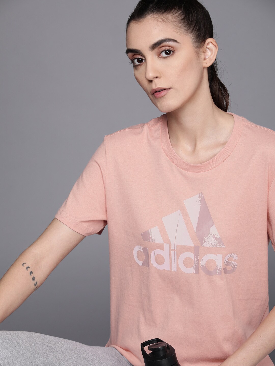 ADIDAS Women Pink Solid Brand Logo Printed Pure Cotton W AOP T-shirt Price in India