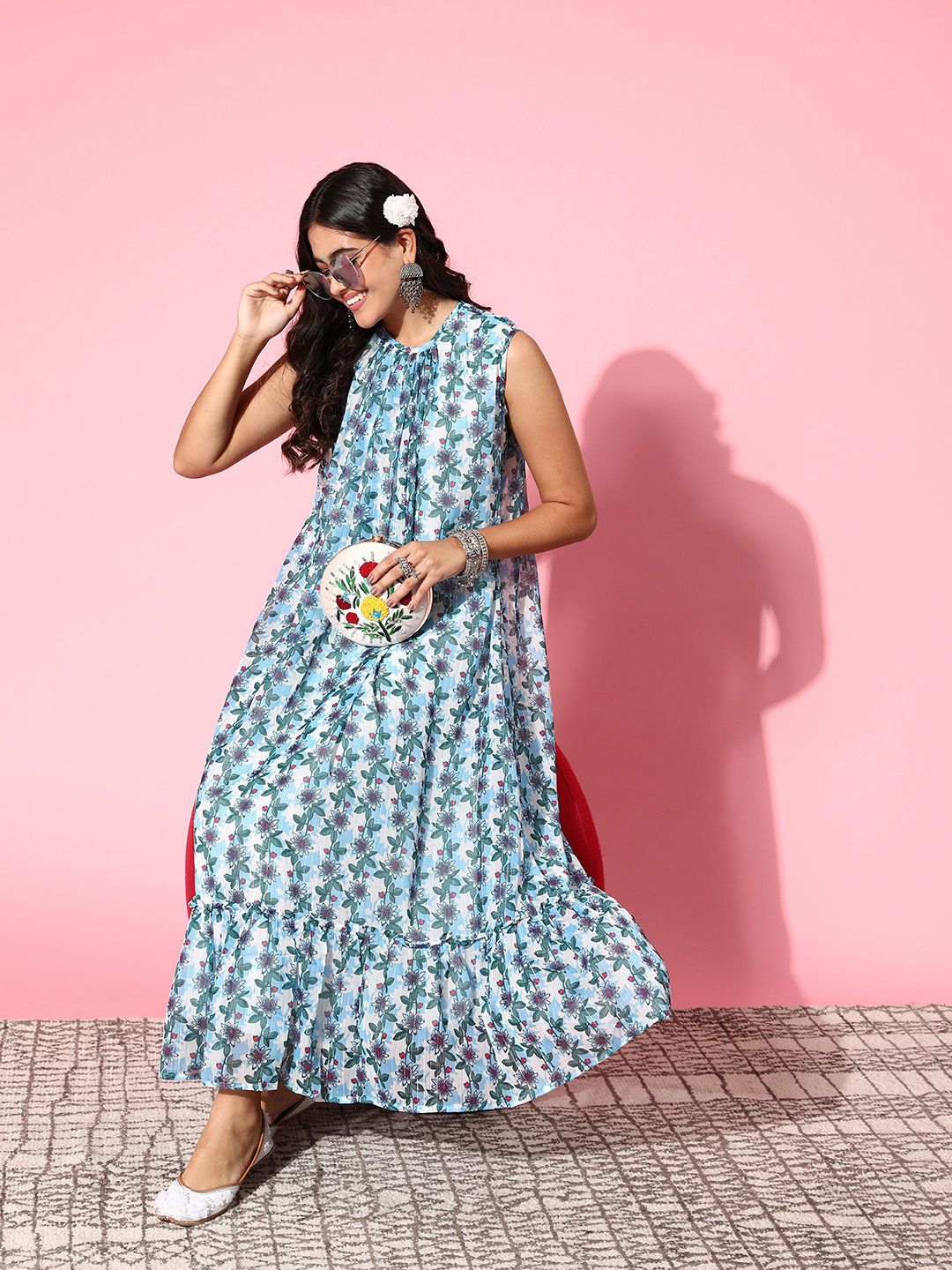 Janasya Women Blue Poly Georgette Floral Flared Western Dress Price in India