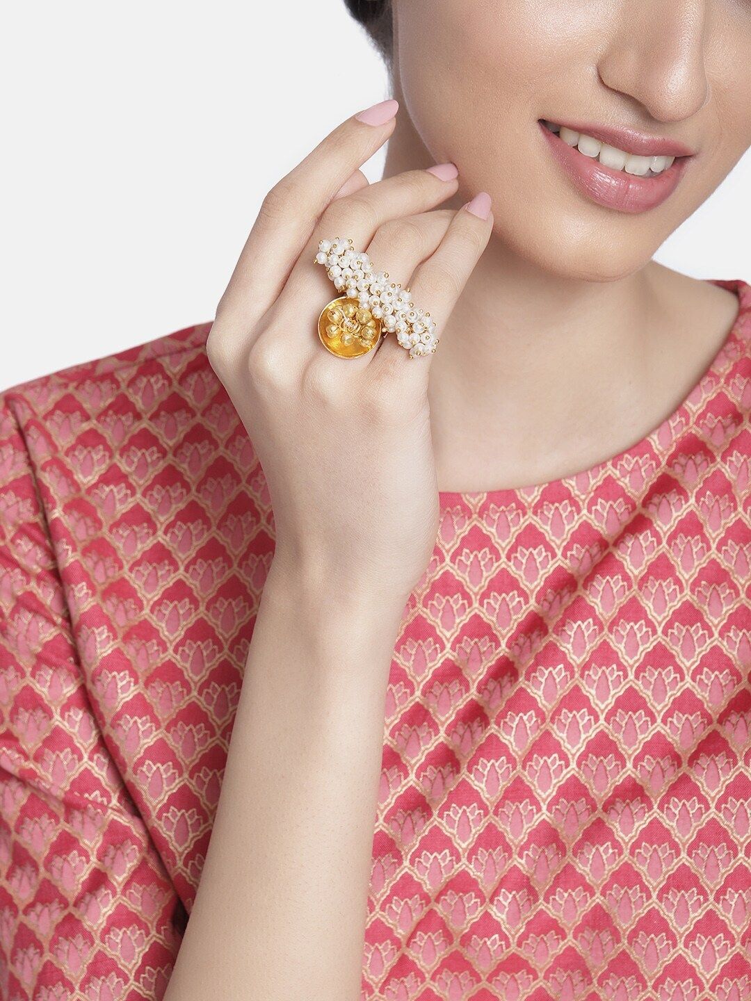 I Jewels Women Gold-Plated & White Pearls Adjustable Finger Ring Price in India