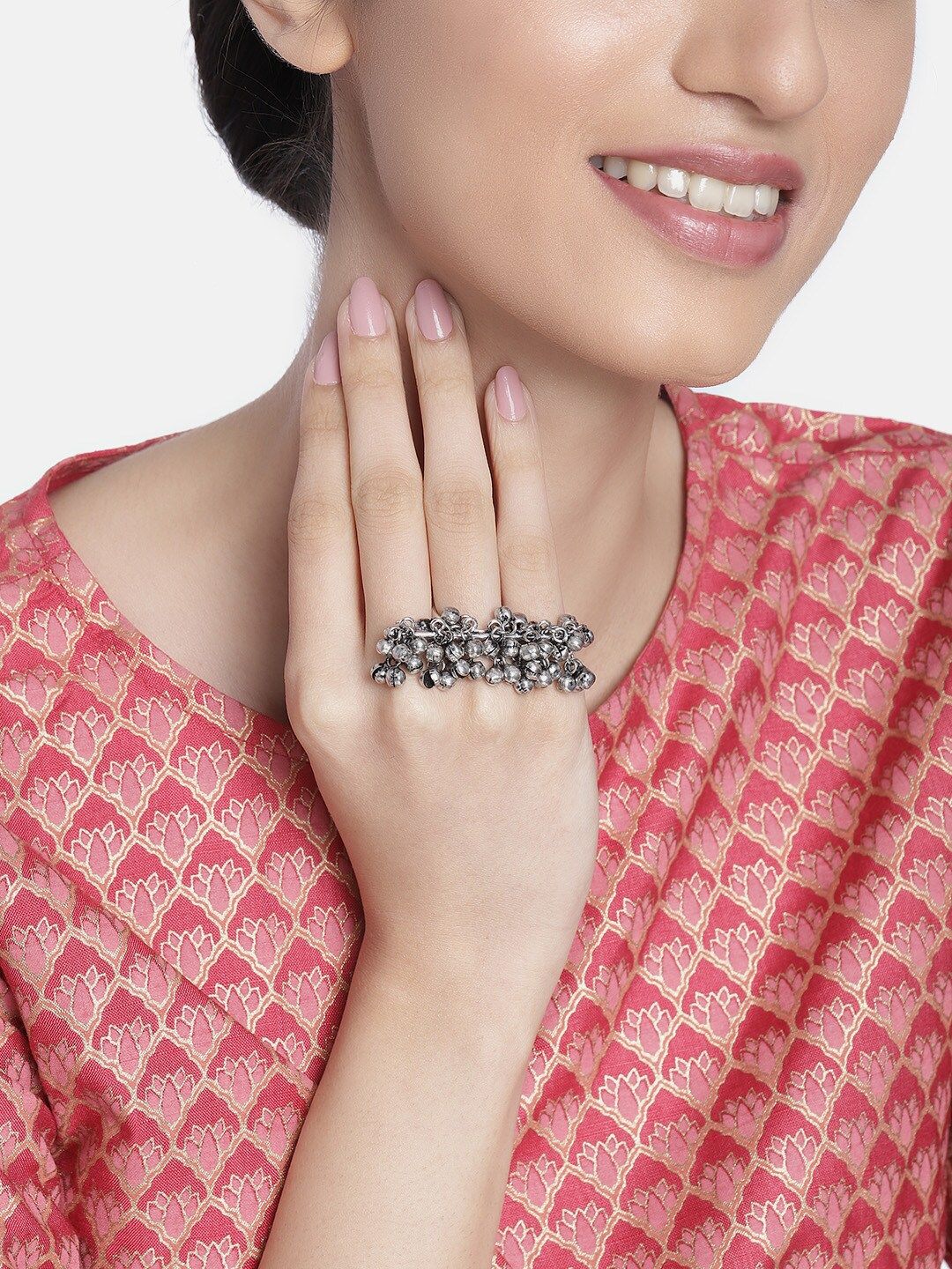 I Jewels Women Silver Clustered Pearls 18k Silver Plated Adjustable Finger Ring Price in India