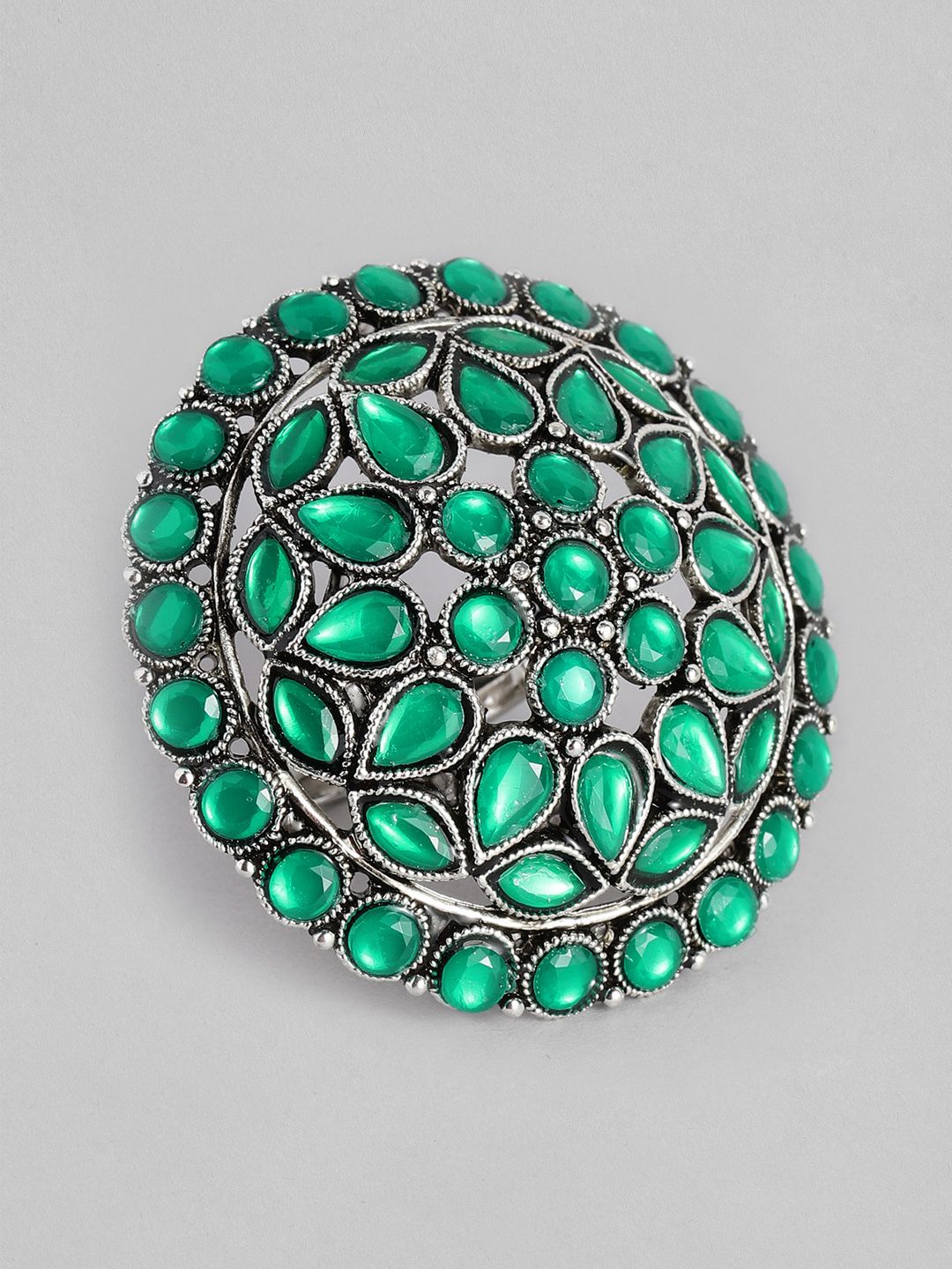 I Jewels Women Silver & Green Oxidized Kundan Work Adjustable Finger Ring Price in India