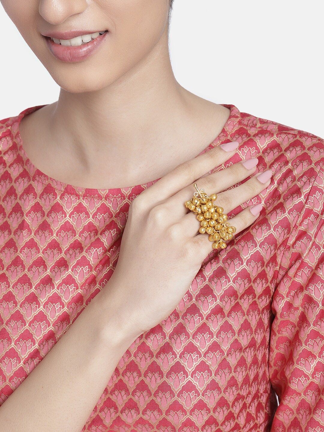 I Jewels Women Gold-Plated Pearls Adjustable Finger Ring Price in India