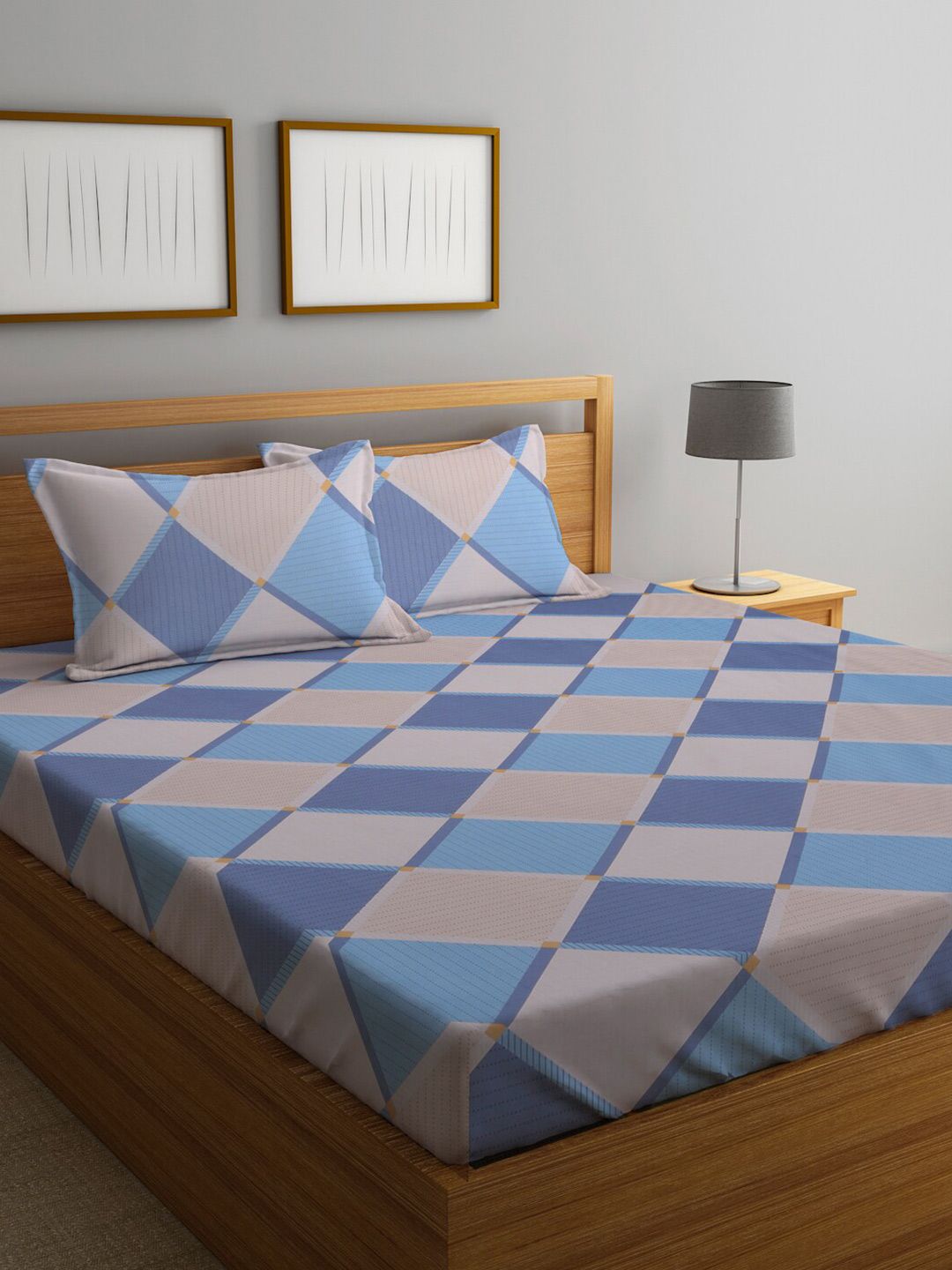 KLOTTHE Blue & Grey Geometric 210 TC King Bedsheet with 2 Pillow Covers Price in India