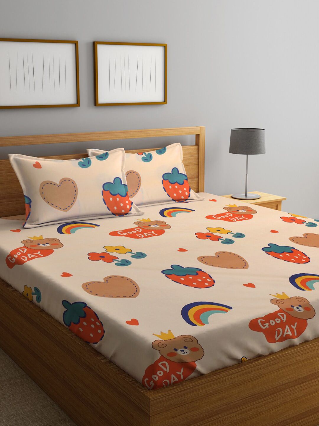 KLOTTHE Peach-Coloured & Orange Cartoon Characters 210 TC King Bedsheet with 2 Pillow Covers Price in India