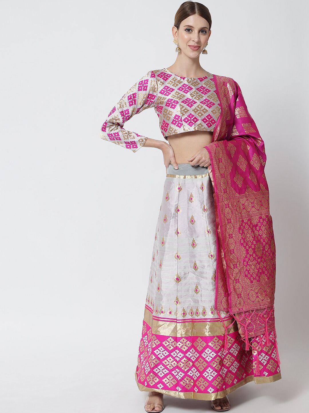 DIVASTRI Pink & Silver-Toned Ready to Wear Lehenga Choli Price in India