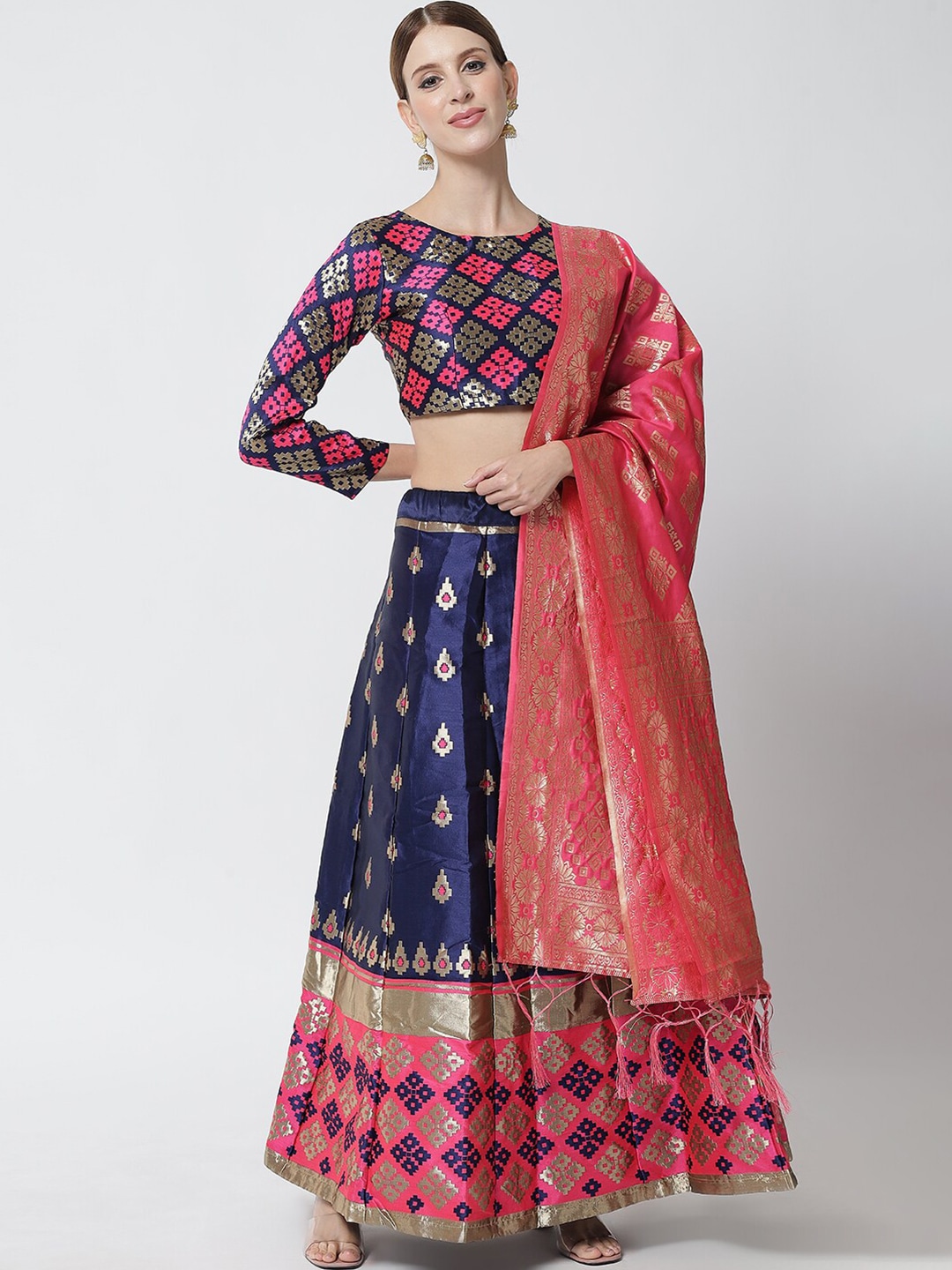 DIVASTRI Navy Blue & Pink Ready to Wear Lehenga & Unstitched Blouse With Dupatta Price in India