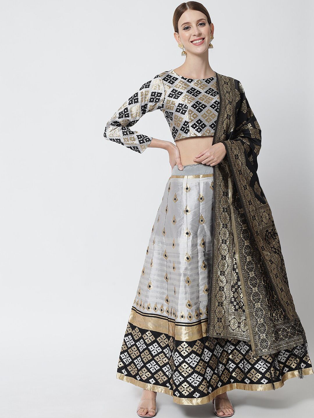 DIVASTRI Black & Grey Woven Design Silk Ready to Wear Lehenga Unstitched Choli & Dupatta Price in India