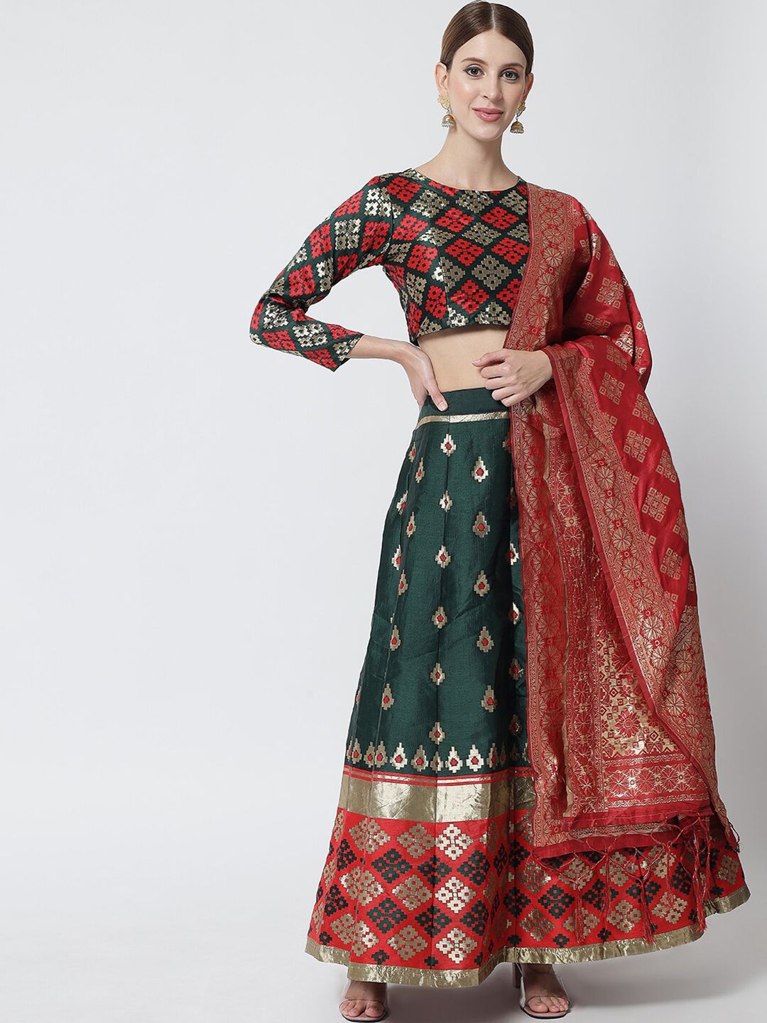 DIVASTRI Green & Red Printed Banarasi Semi-Stitched Lehenga & Unstitched Blouse With Dupatta Price in India