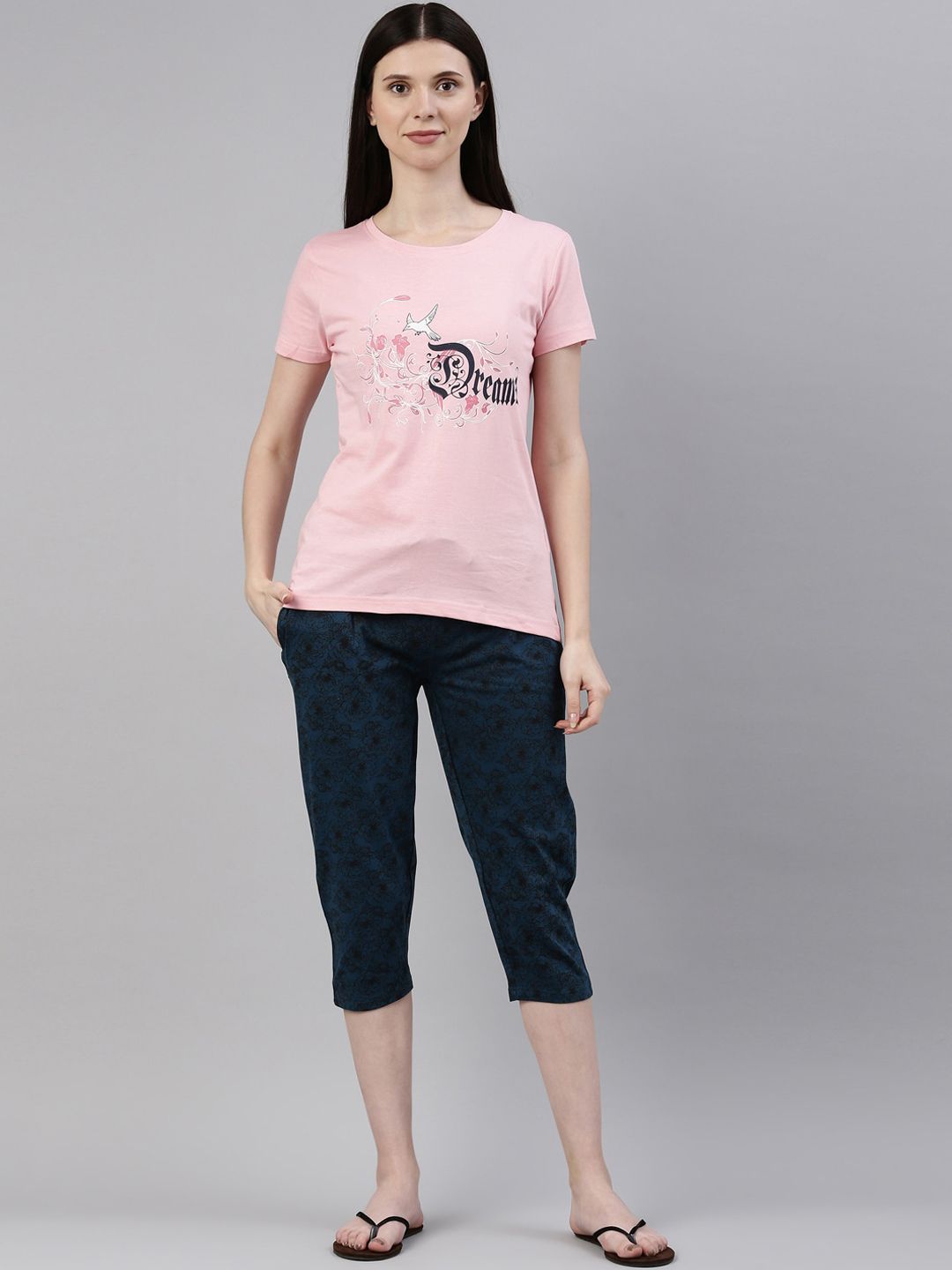 Kryptic Women Pink & Navy Blue Cotton Printed Capri Night suit Price in India