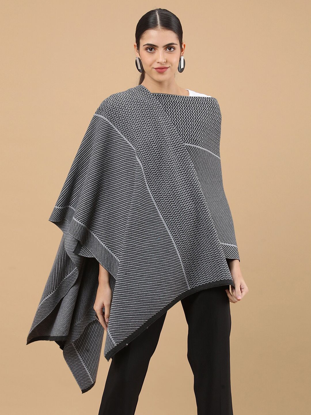 Soch Women Grey Striped Longline Waterfall Shrug Price in India