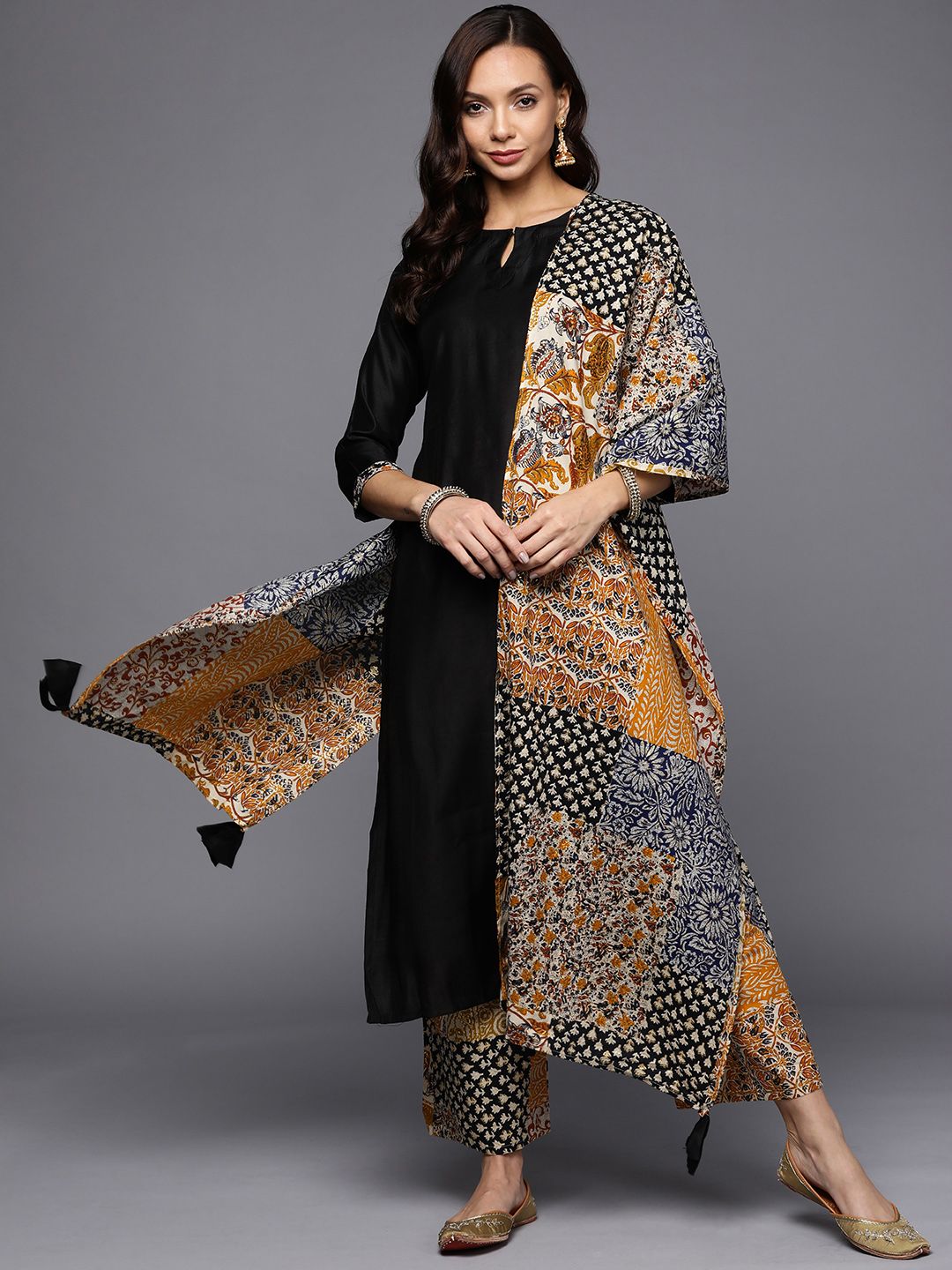 Indo Era Women Black & Mustard Brown Ethnic Motifs Liva Kurta with Palazzos & Dupatta Price in India