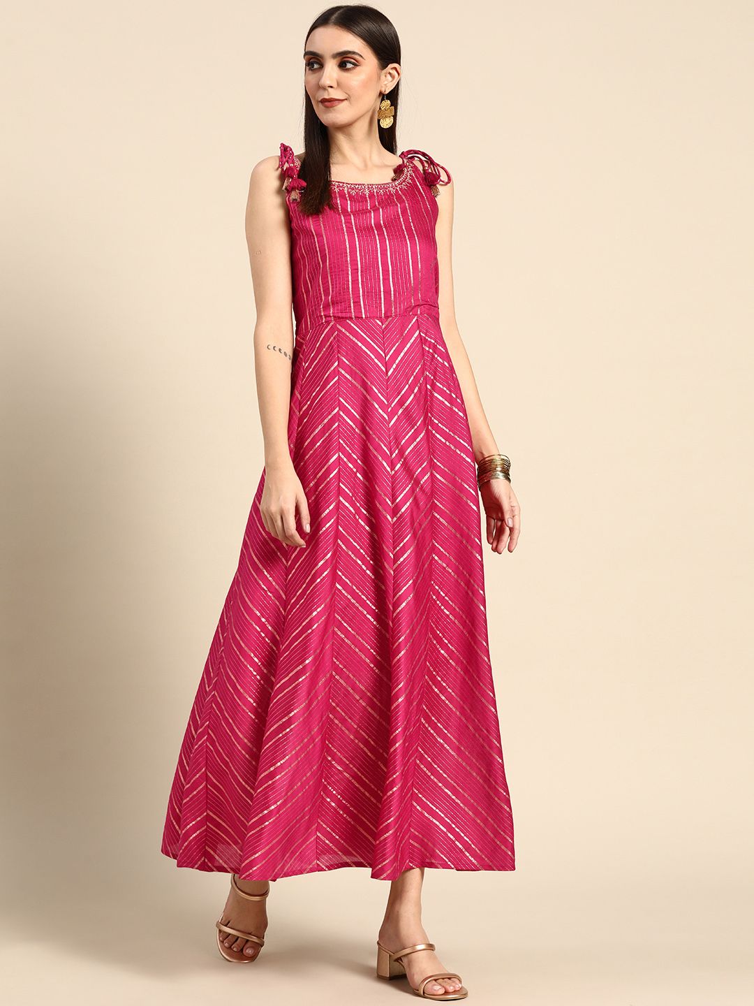 Anouk Pink & Golden Striped Ethnic A-Line Maxi Dress Price in India