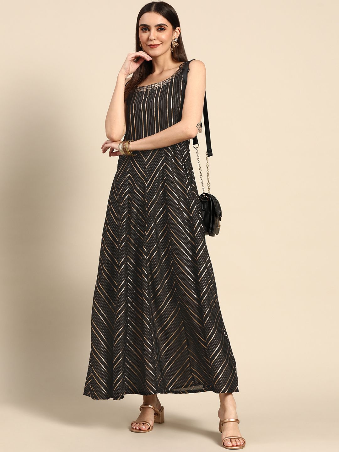 Anouk Black & Golden Striped Ethnic A-Line Maxi Dress Price in India