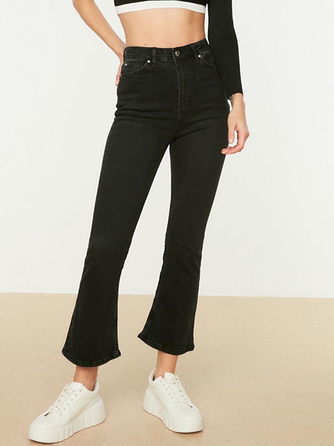 Trendyol Women Black High Waist Flared Cropped Stretchable Jeans Price in India