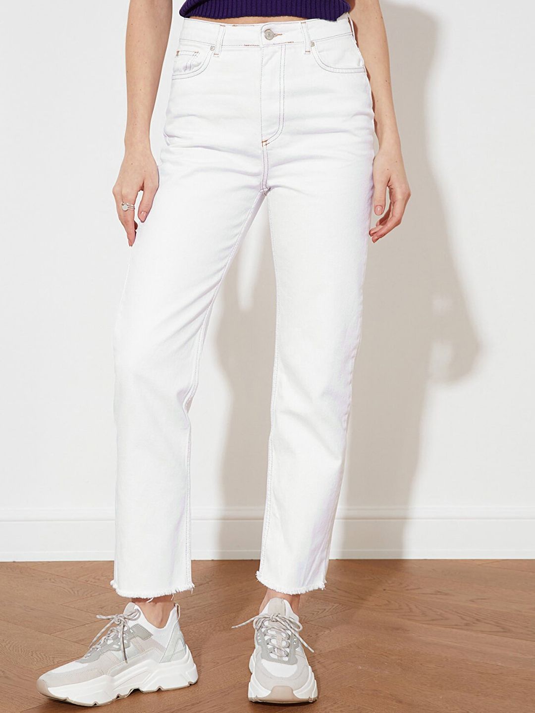 Trendyol Women Off White Straight Fit High-Rise Pure Cotton Jeans Price in India