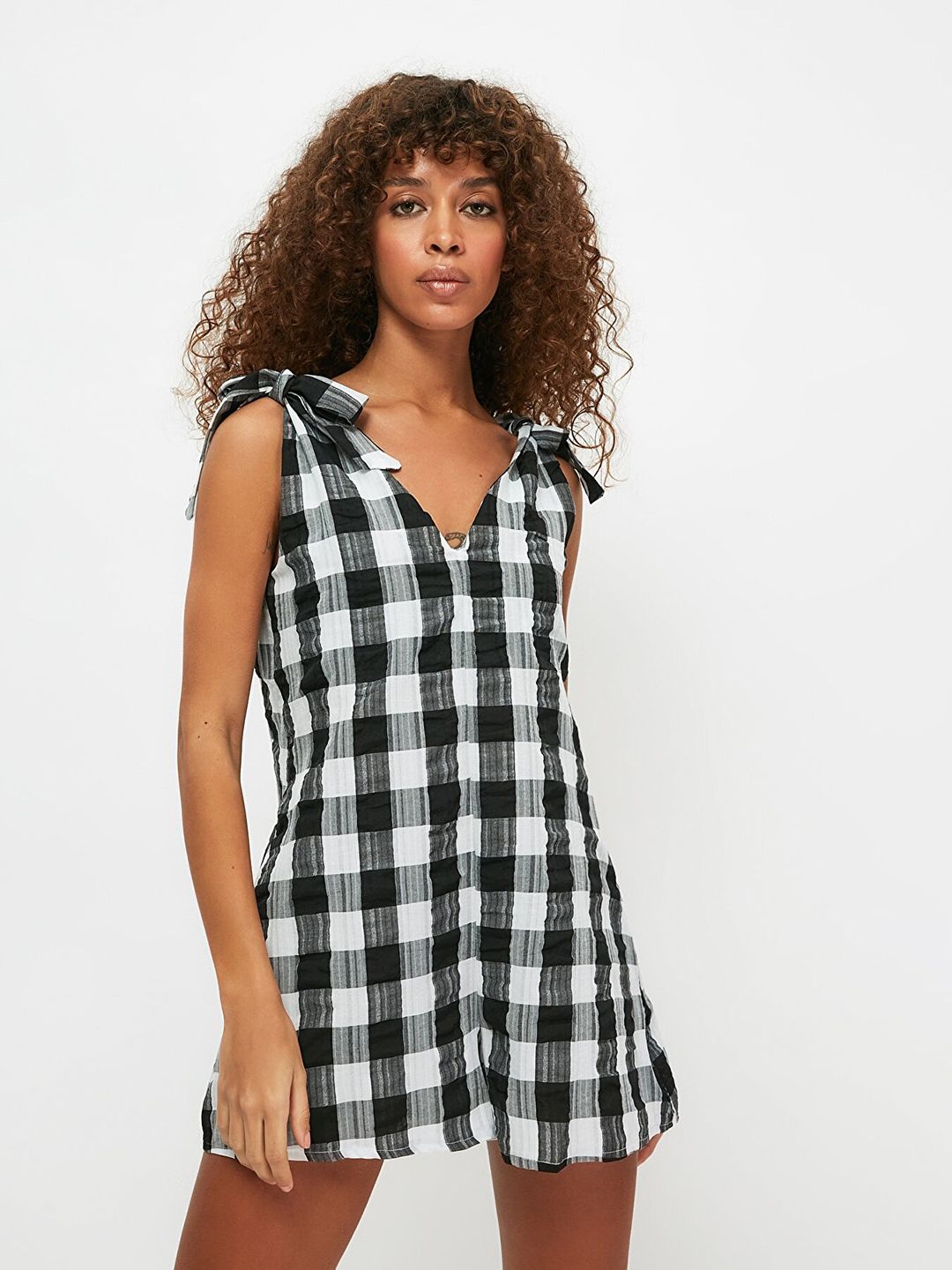 Trendyol Women Black & White Checked Jumpsuit Price in India