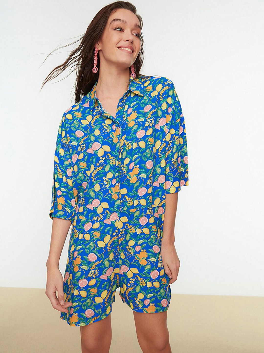 Trendyol Women Blue & Yellow Printed Playsuit Price in India