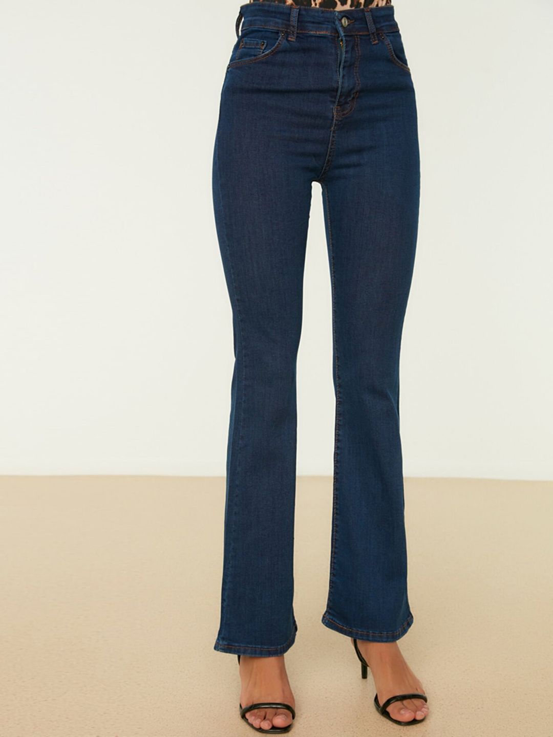 Trendyol Women Navy Blue Flared High-Rise Stretchable Jeans Price in India