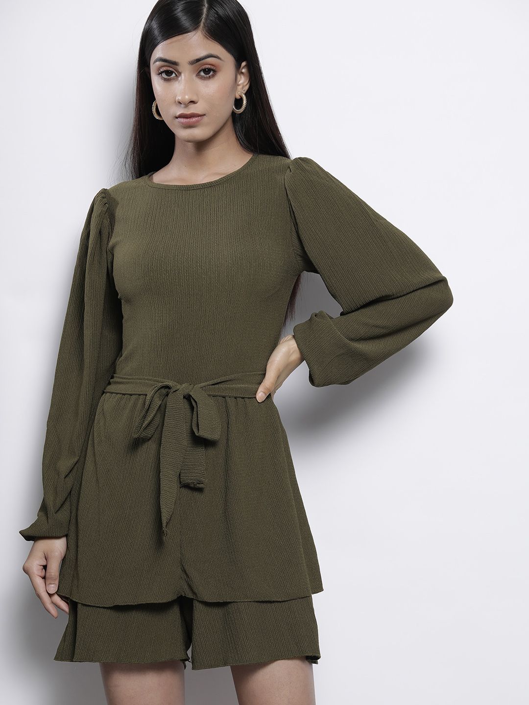 Trendyol Olive Green Self-Design Layered Playsuit with Belt Price in India