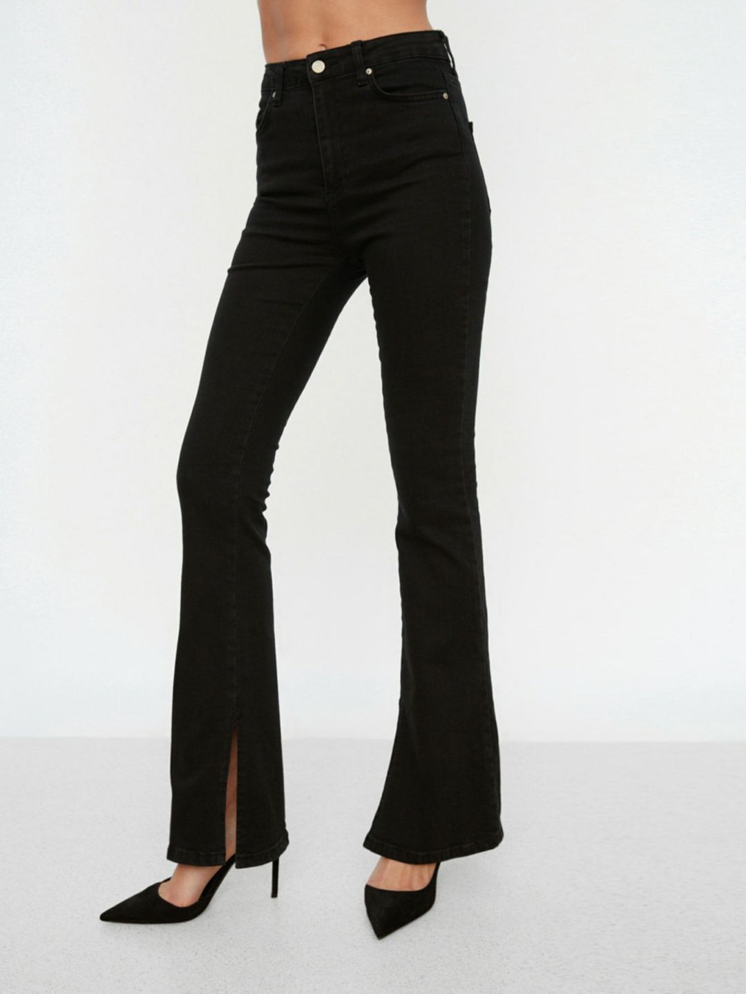 Trendyol Women Black Wide Leg High-Rise Stretchable Jeans with Side Slits Price in India