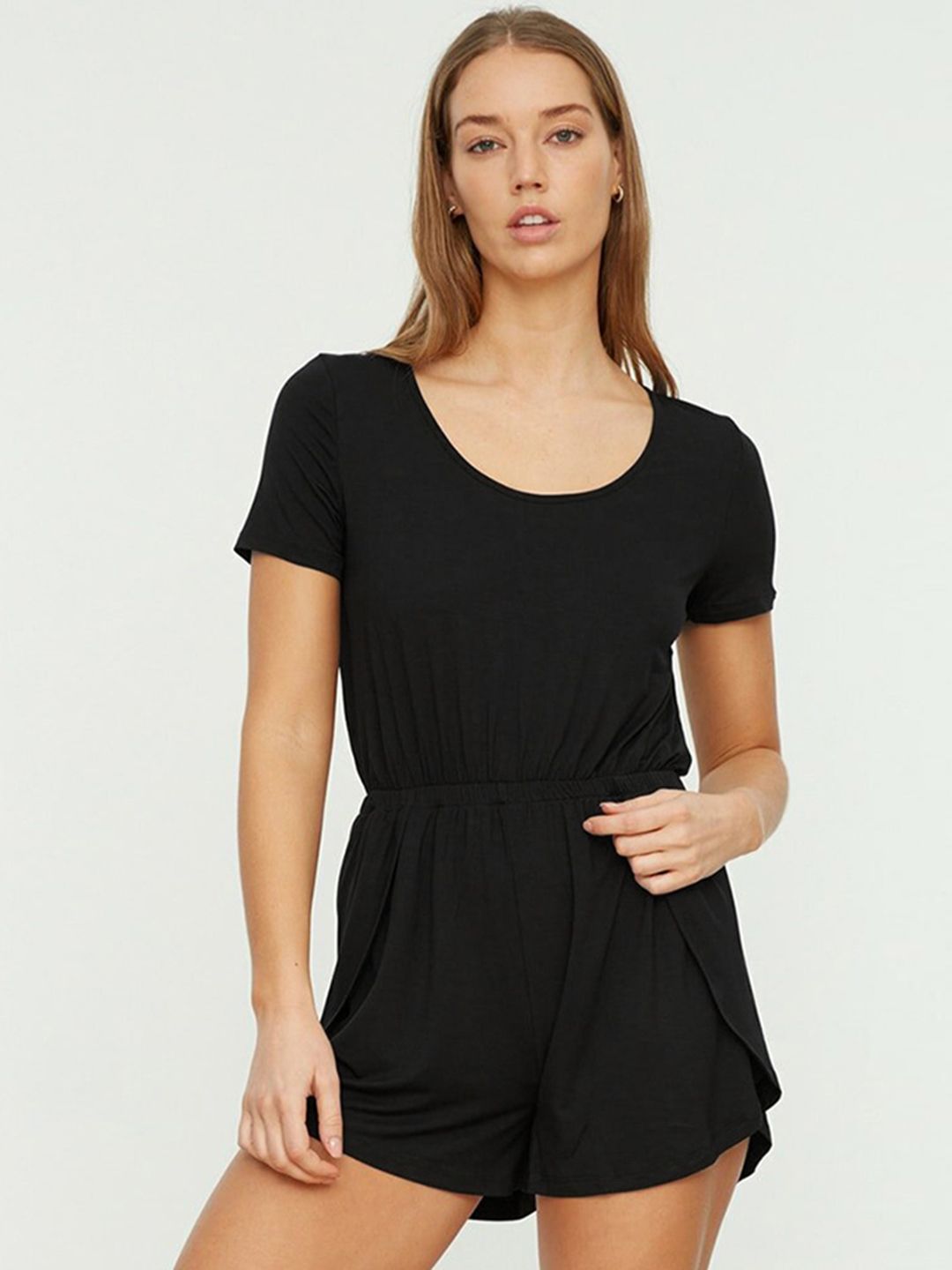 Trendyol Black Solid Layered Jumpsuit Price in India