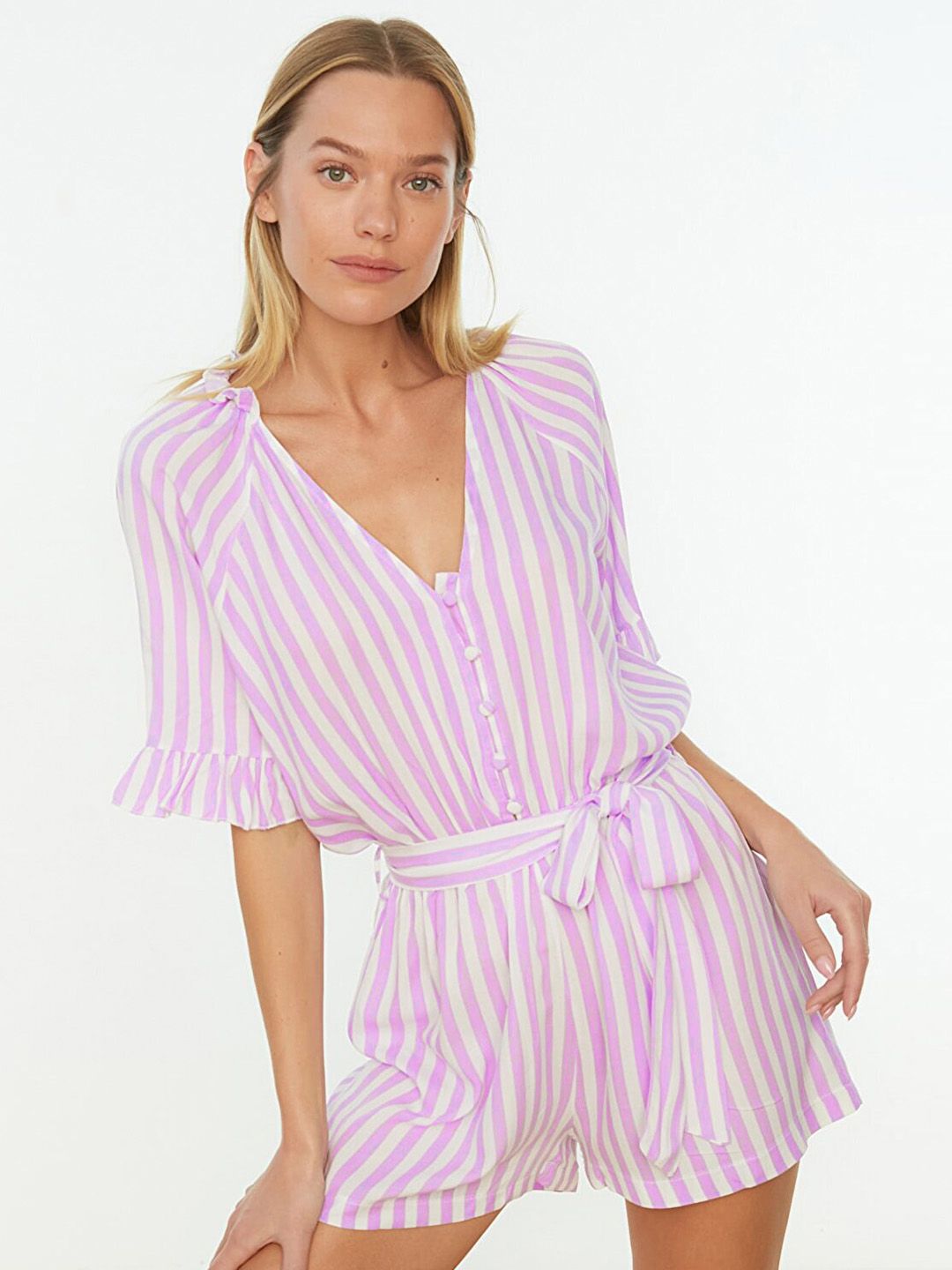 Trendyol Women Lavender & Off White Striped Jumpsuit with Belt Price in India