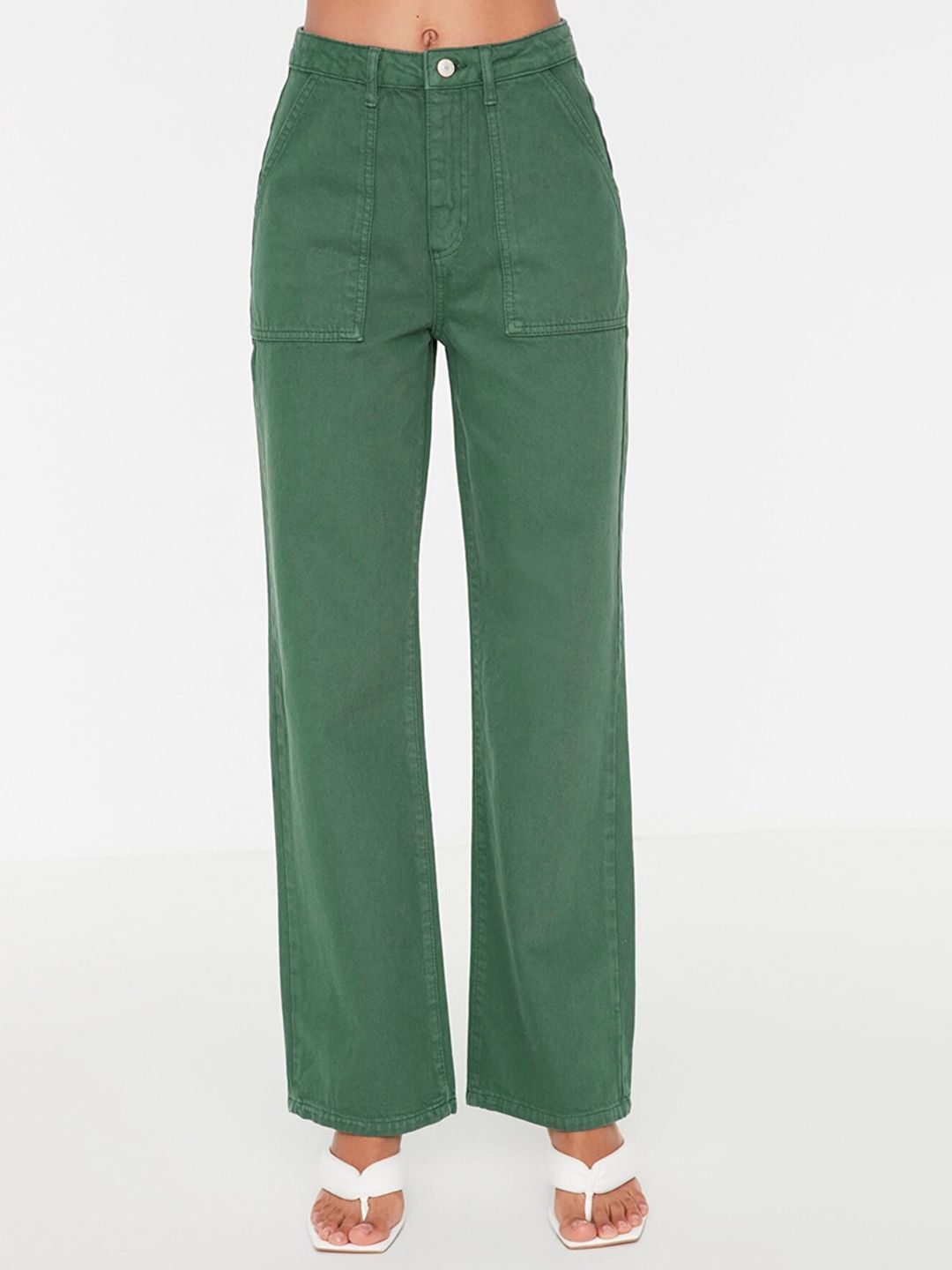 Trendyol Women Green Pocket Detailed 90's Wide Leg High Waist Pure Cotton Jeans Price in India