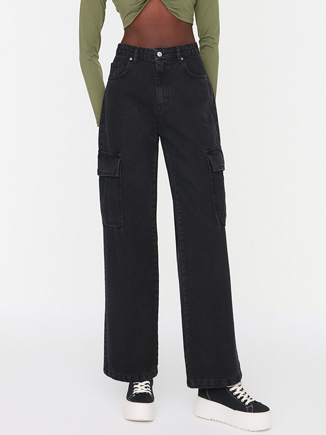 Trendyol Women Black Wide Leg High-Rise Cargo Jeans Price in India