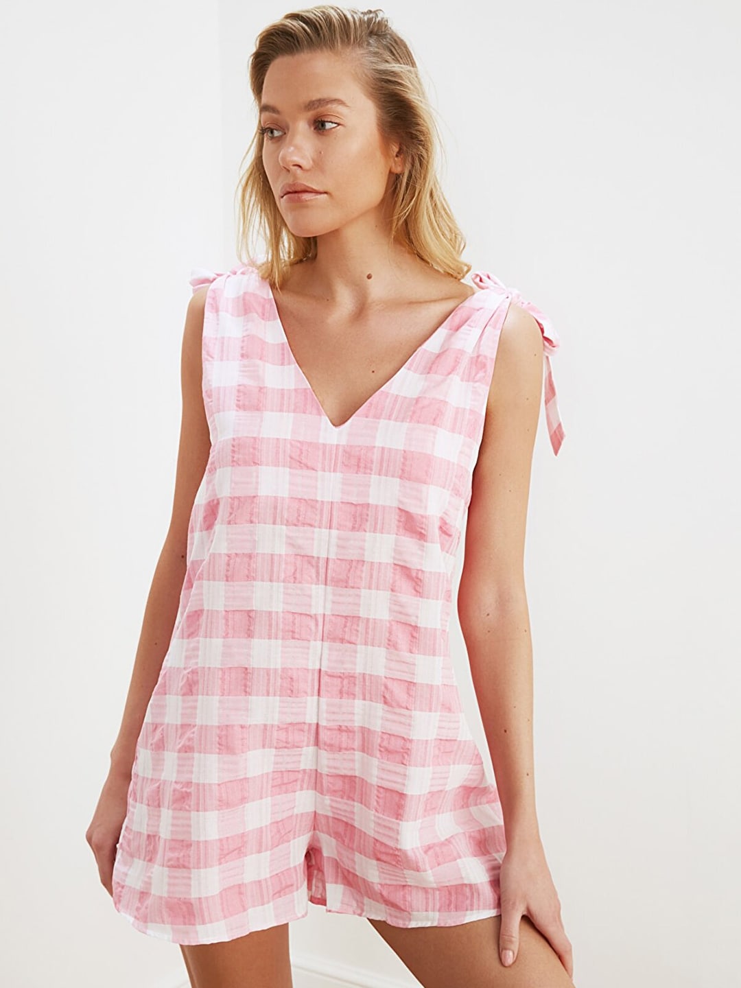 Trendyol Women Pink & White Plaid Checked Basic Jumpsuit Price in India