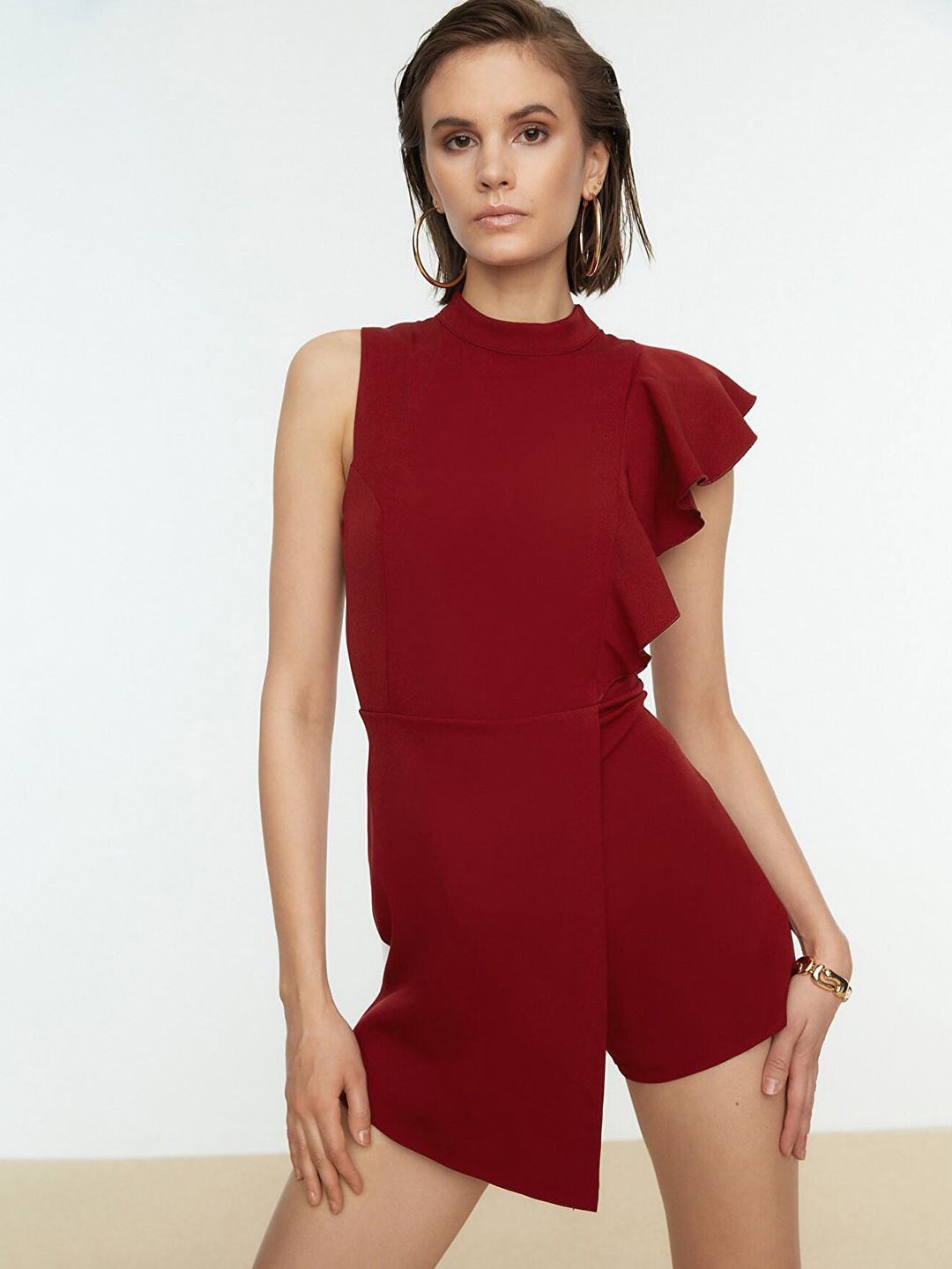 Trendyol Women Maroon Ruffles Back Cut-Out Playsuit Price in India
