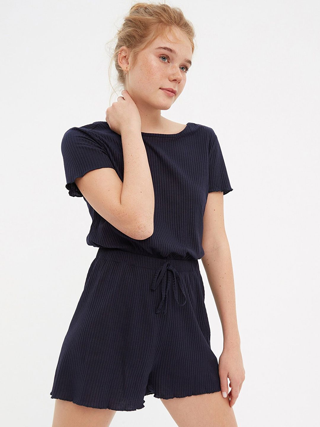 Trendyol Women Navy Blue Ribbed Basic Jumpsuit Price in India