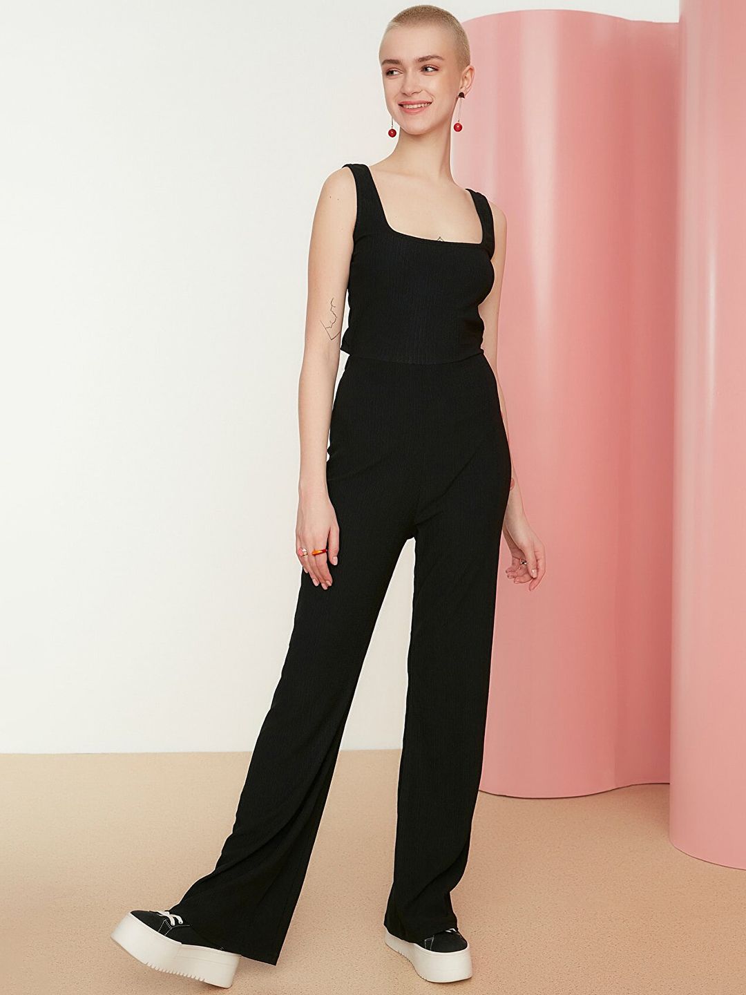 Trendyol Women Black Knitted Basic Jumpsuit with Styled Back Price in India
