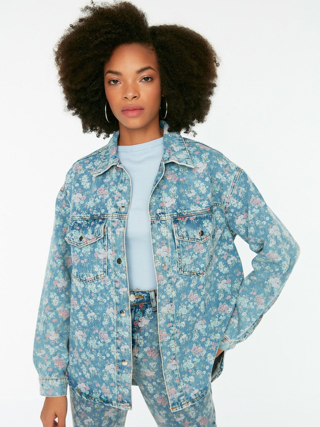 Trendyol Women Blue Pink Floral Denim Jacket Price in India