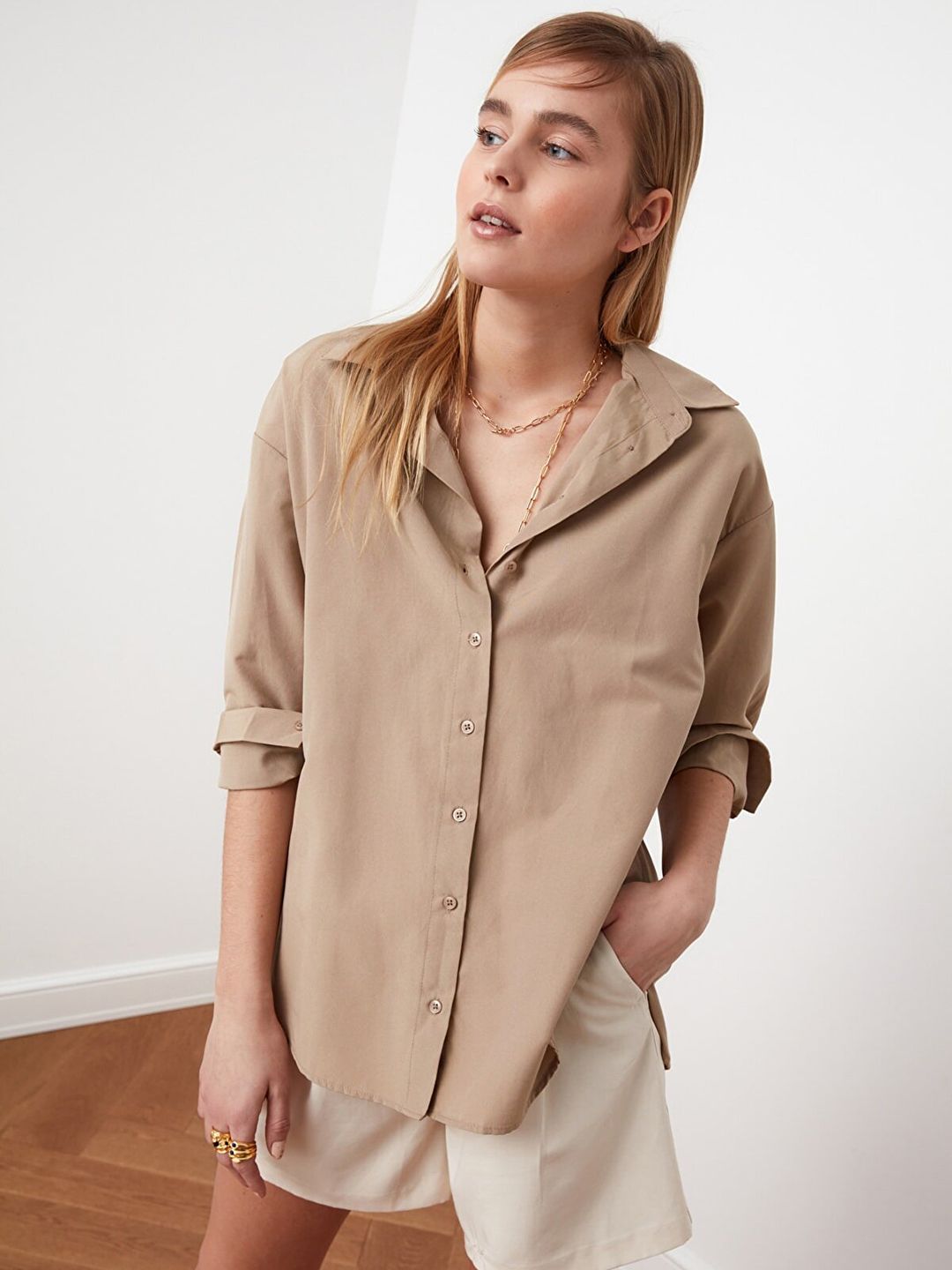 Trendyol Women Brown Spread Collar Casual Shirt