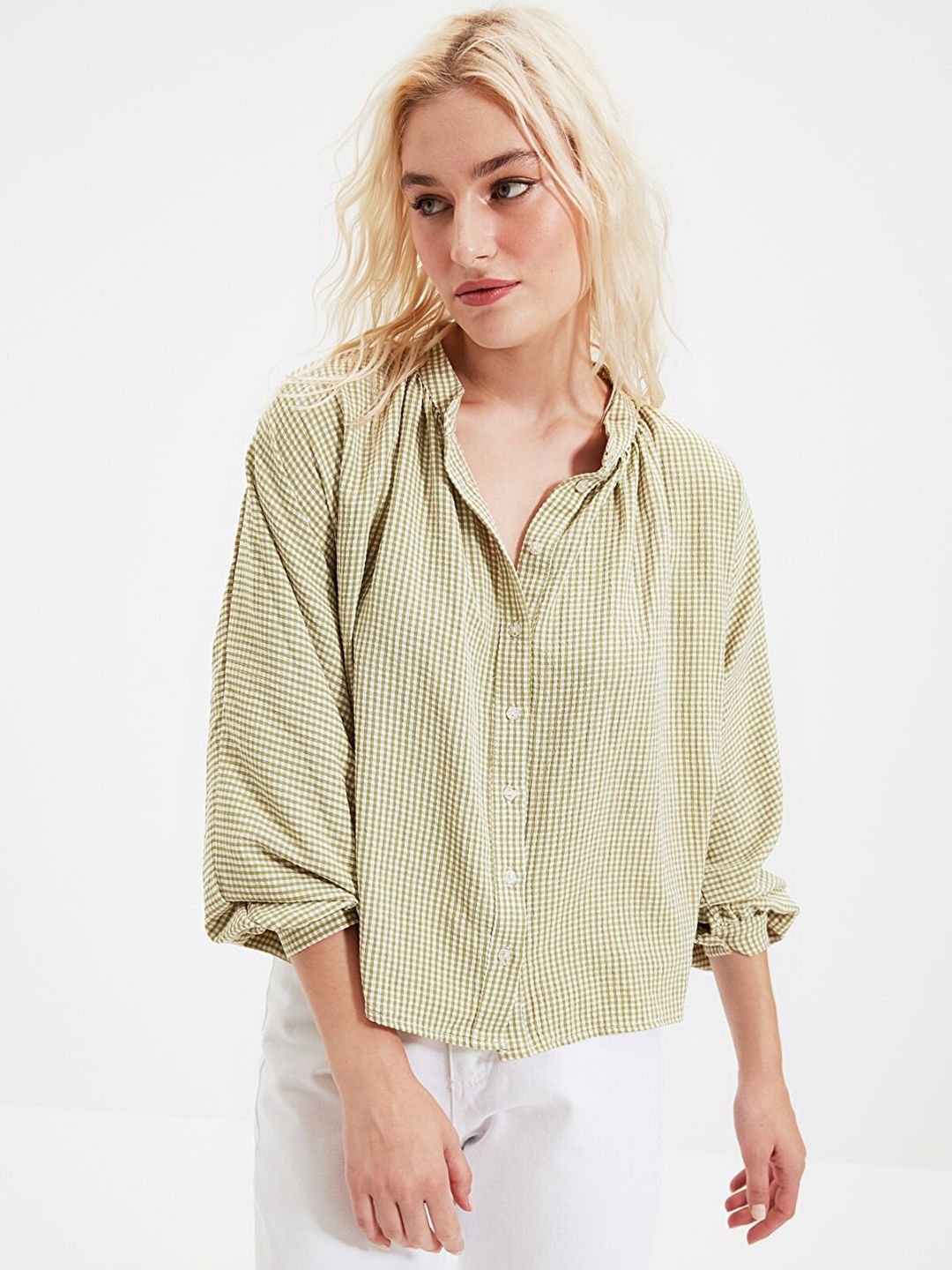 Trendyol Women Green Gingham Checks Casual Shirt