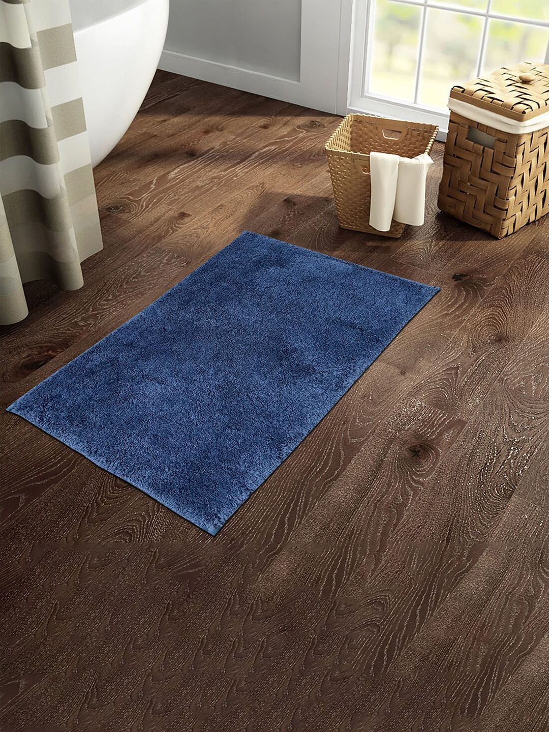 SPACES Blue Textured 2355 GSM Anti Skid Stain Resistant Quick Dry Bath Rug