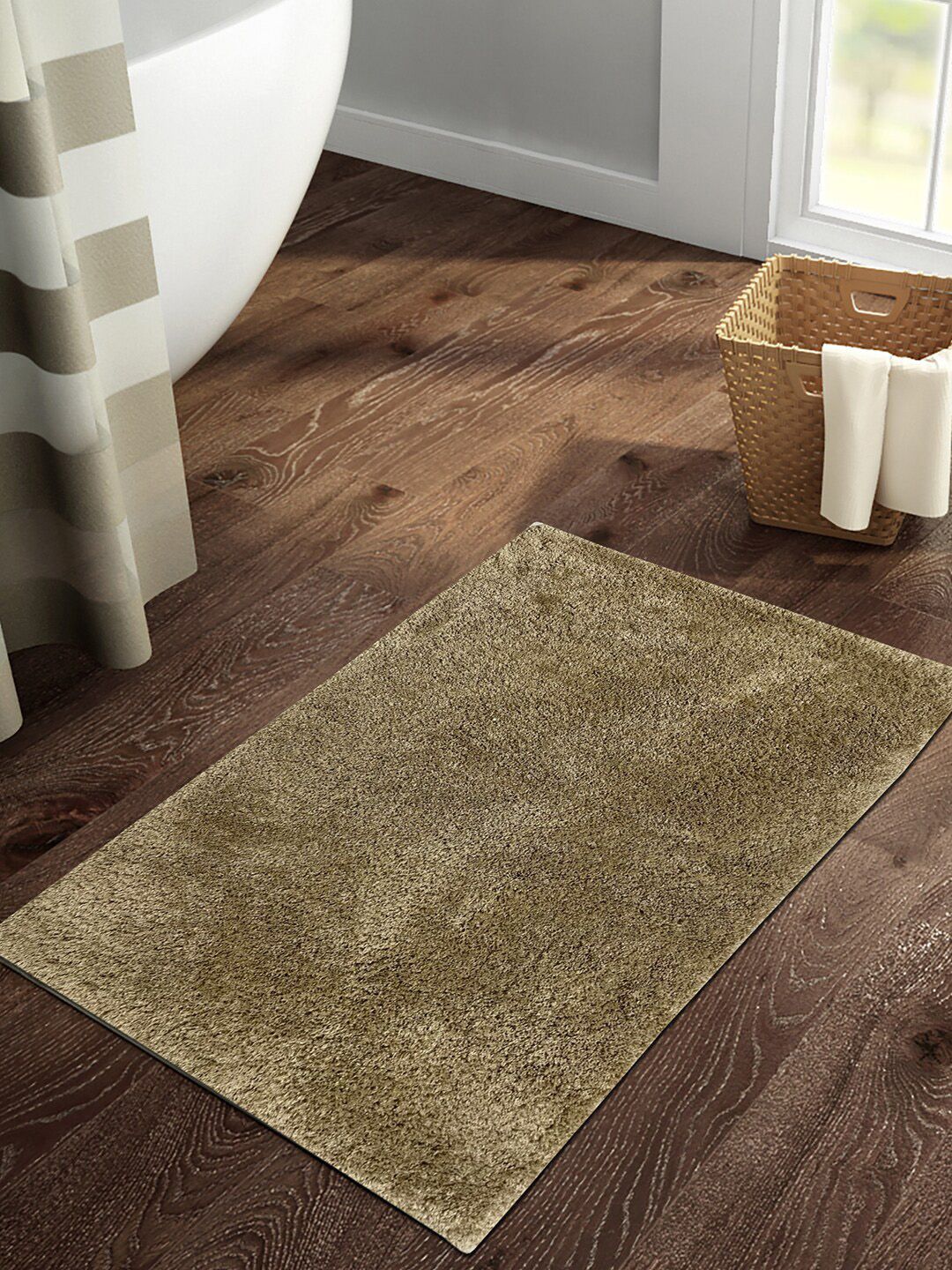 SPACES Brown Solid Brown Anti Skid Rectangular Bath Rug