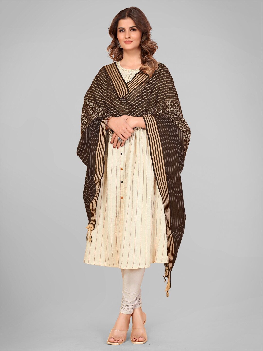 Vbuyz Brown & Gold-Toned Striped Art Silk Dupatta with Zari Price in India